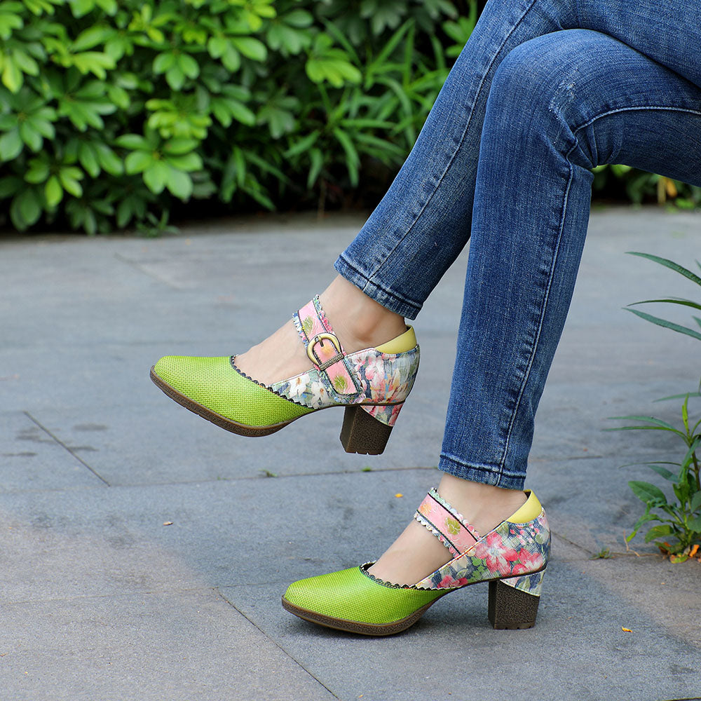 Women's Spring Heels Dress Shoes Party Round Toe Elegant Cowhide Loafer Green Pumps