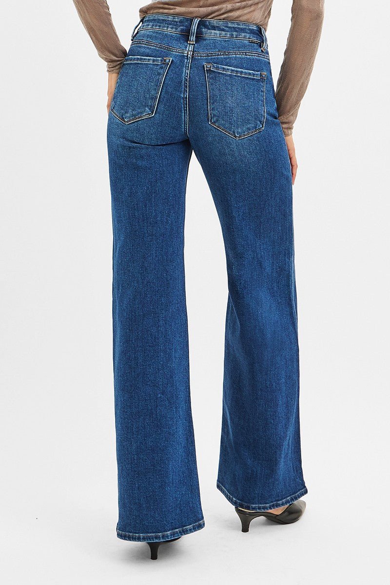 Risen Mid Rise Front Seam Wide Leg Jeans