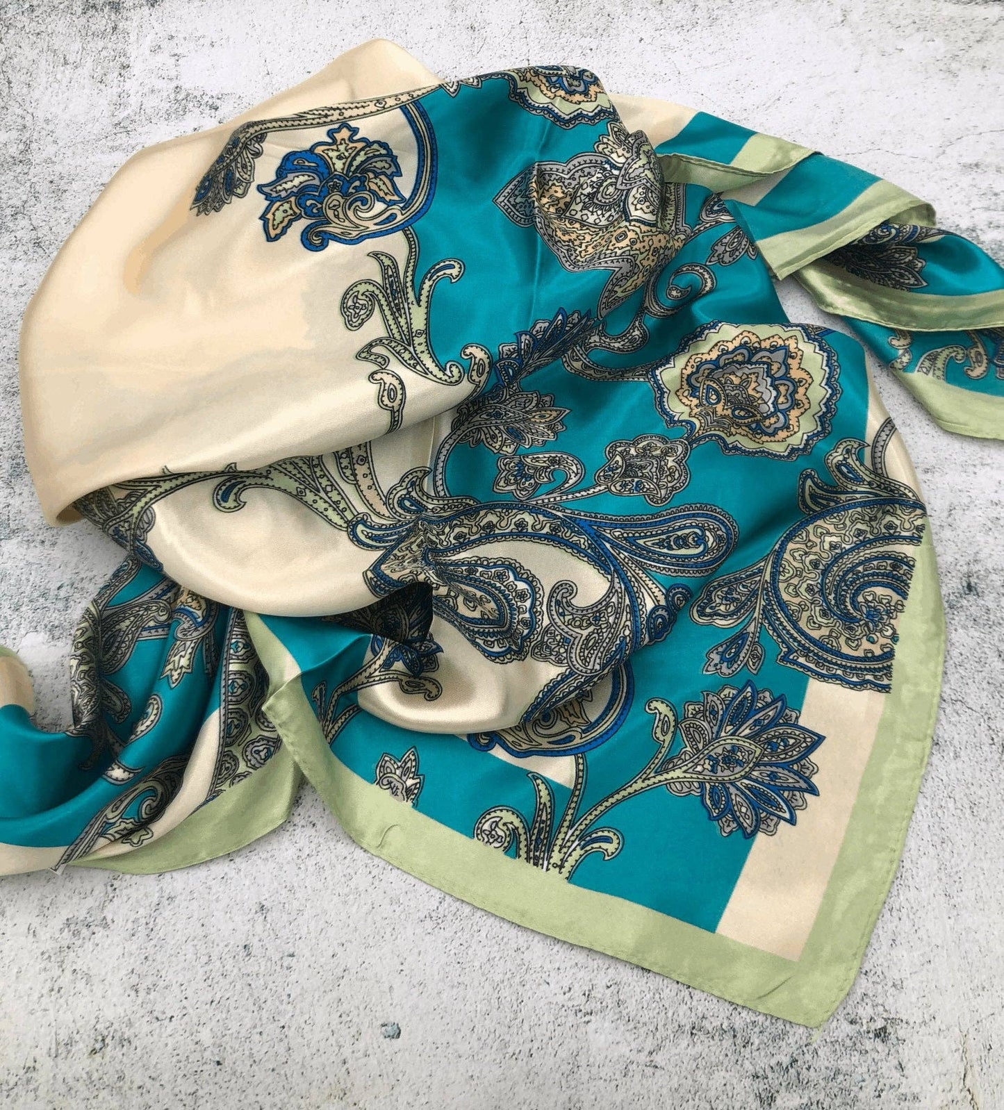 Turquoise Scrolls W/ Kiwi Border Wild Rag