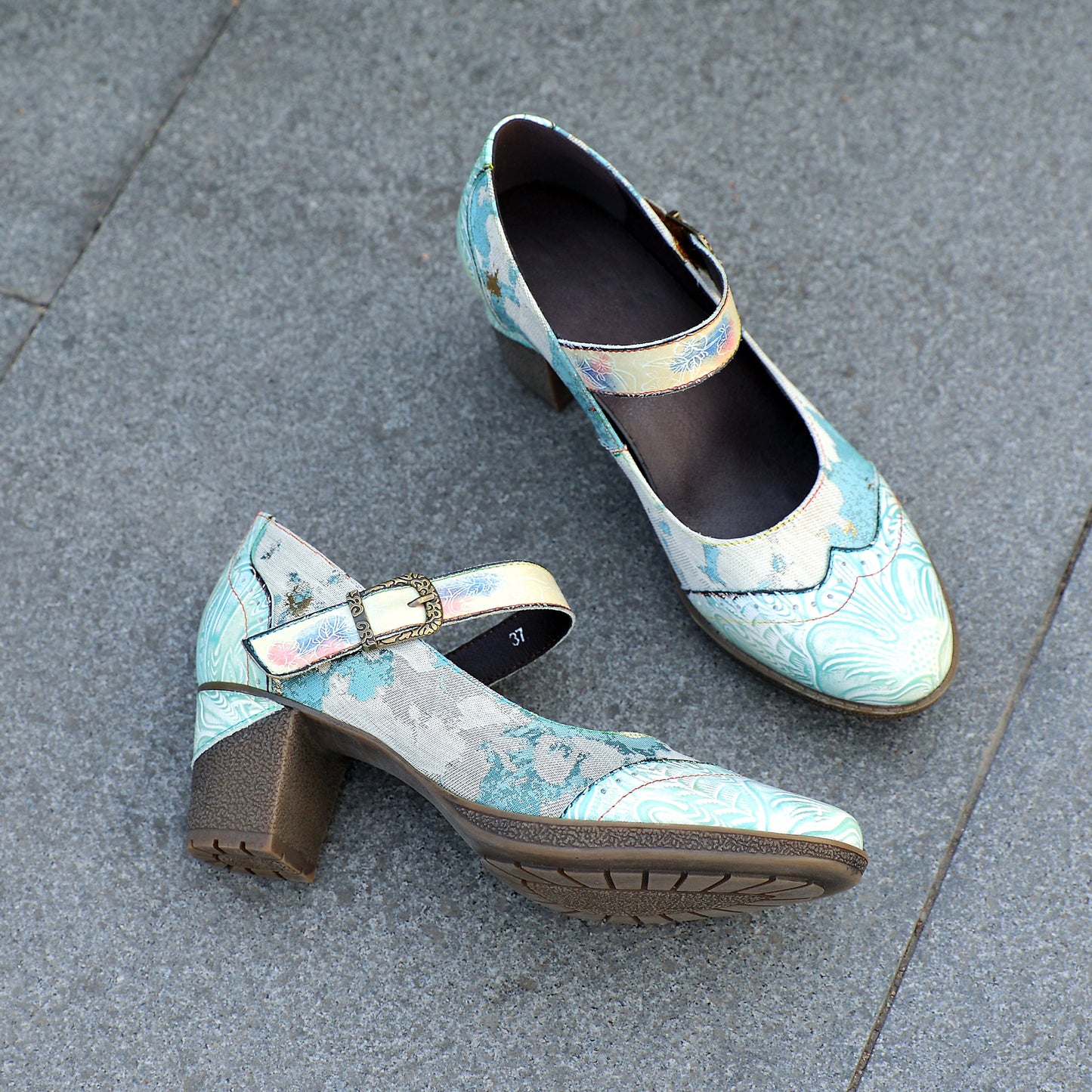 Lady's Heels Handmade Shoes Wedding Party Elegant Vintage Leather Buckle Light Blue Pumps