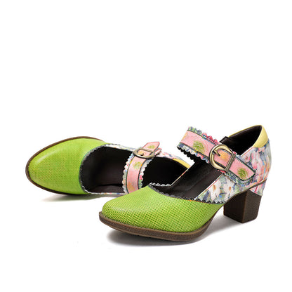 Women's Spring Heels Dress Shoes Party Round Toe Elegant Cowhide Loafer Green Pumps