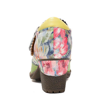 Women's Spring Heels Dress Shoes Party Round Toe Elegant Cowhide Loafer Green Pumps