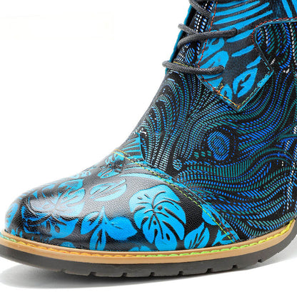Blue Embossed Leather And Warm Brocade Comfy Ankle Boots