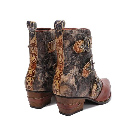 Retro Handmade Vintage Embossed Buckle Leather Boots