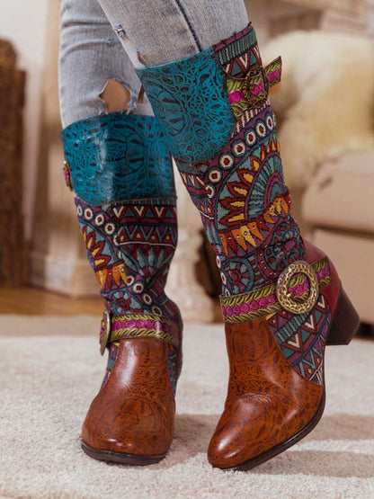 Bohemian Leather Splicing Pattern High Tube Boots