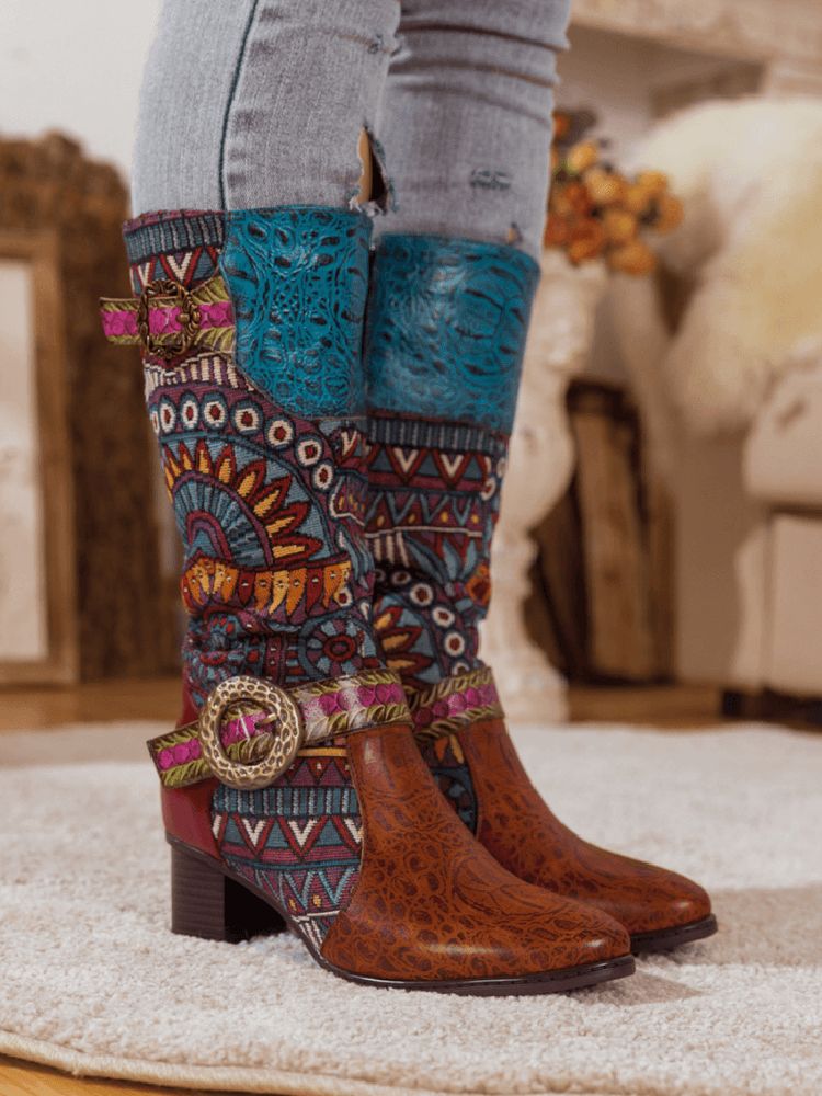 Bohemian Leather Splicing Pattern High Tube Boots