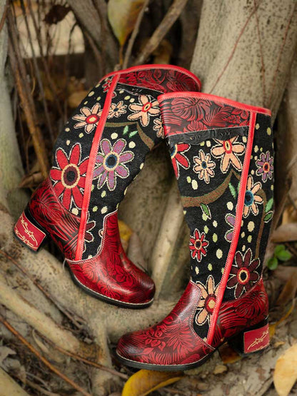 Bohemian Leather Block Heel Long Boots