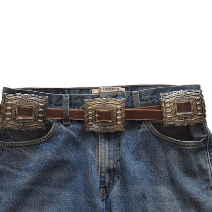 Western Silver Rectangular Concho Leather Belt - Brown or Black