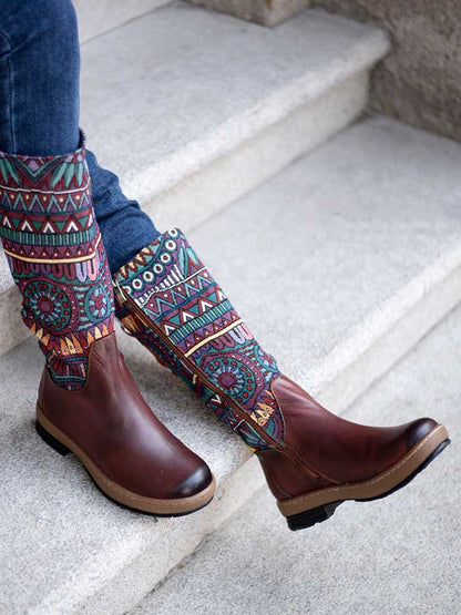 Bohemian Leather Splicing Pattern High Tube Boots