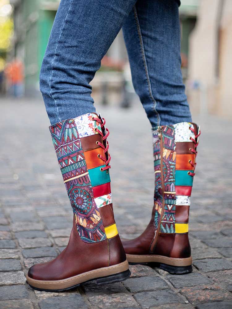Bohemian Leather Splicing Pattern High Tube Boots