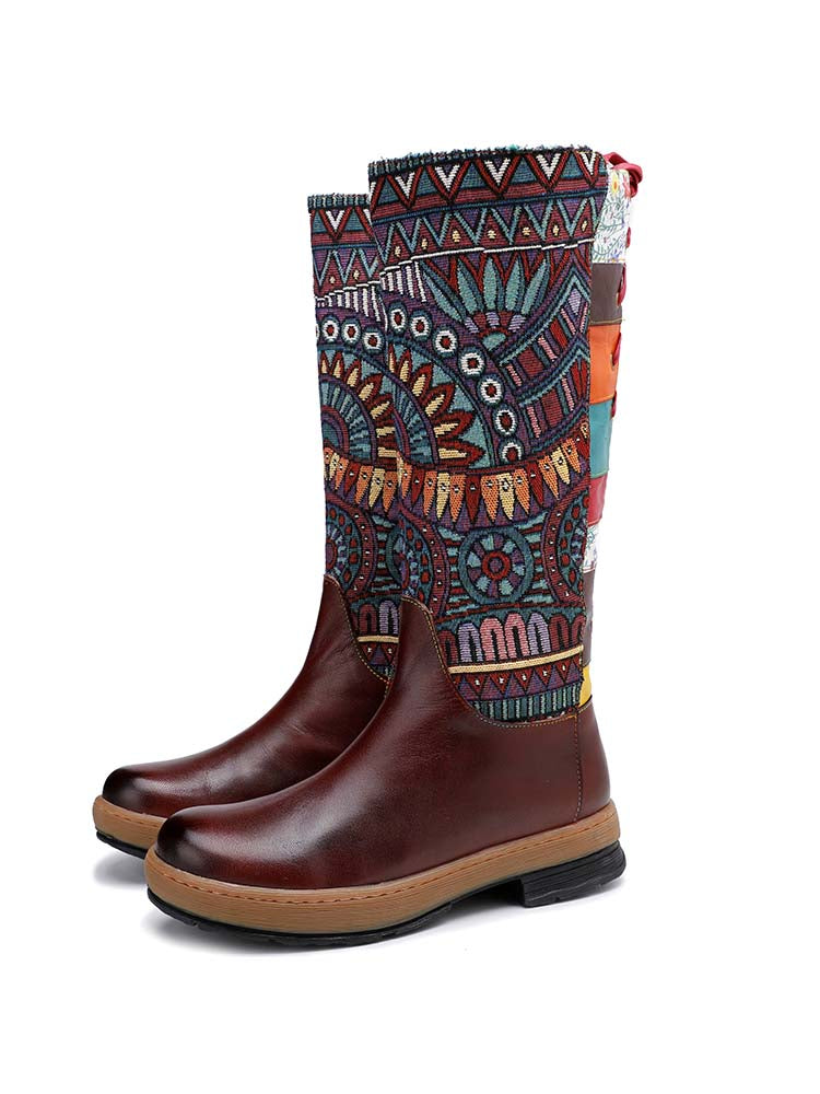 Bohemian Leather Splicing Pattern High Tube Boots