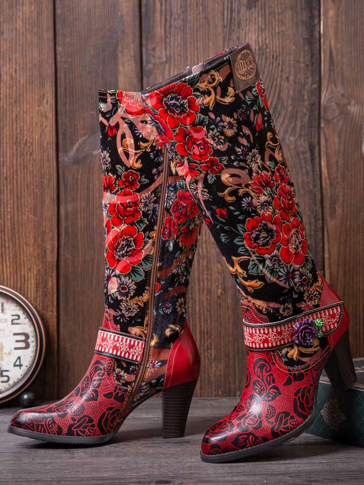 Handmade Floral Embossed Embroidery Elegant Boots