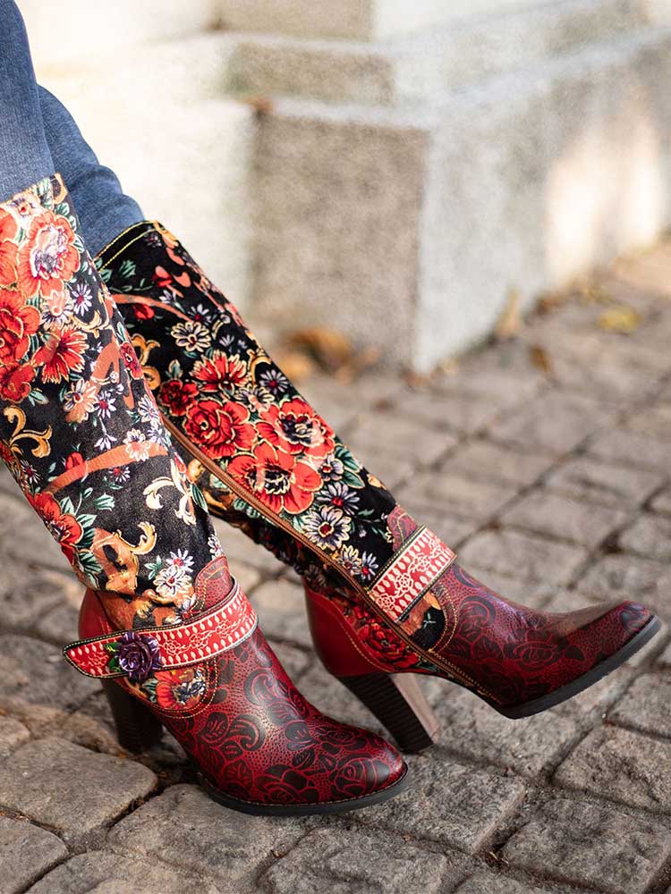 Handmade Floral Embossed Embroidery Elegant Boots