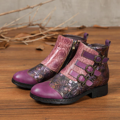 Retro Handmade Leather Painted Floral Flats Boots