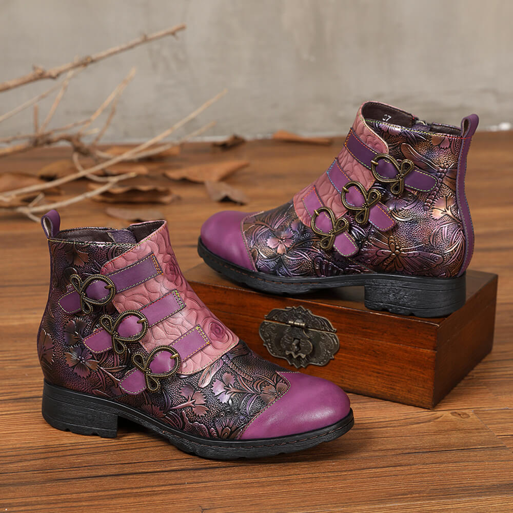 Retro Handmade Leather Painted Floral Flats Boots