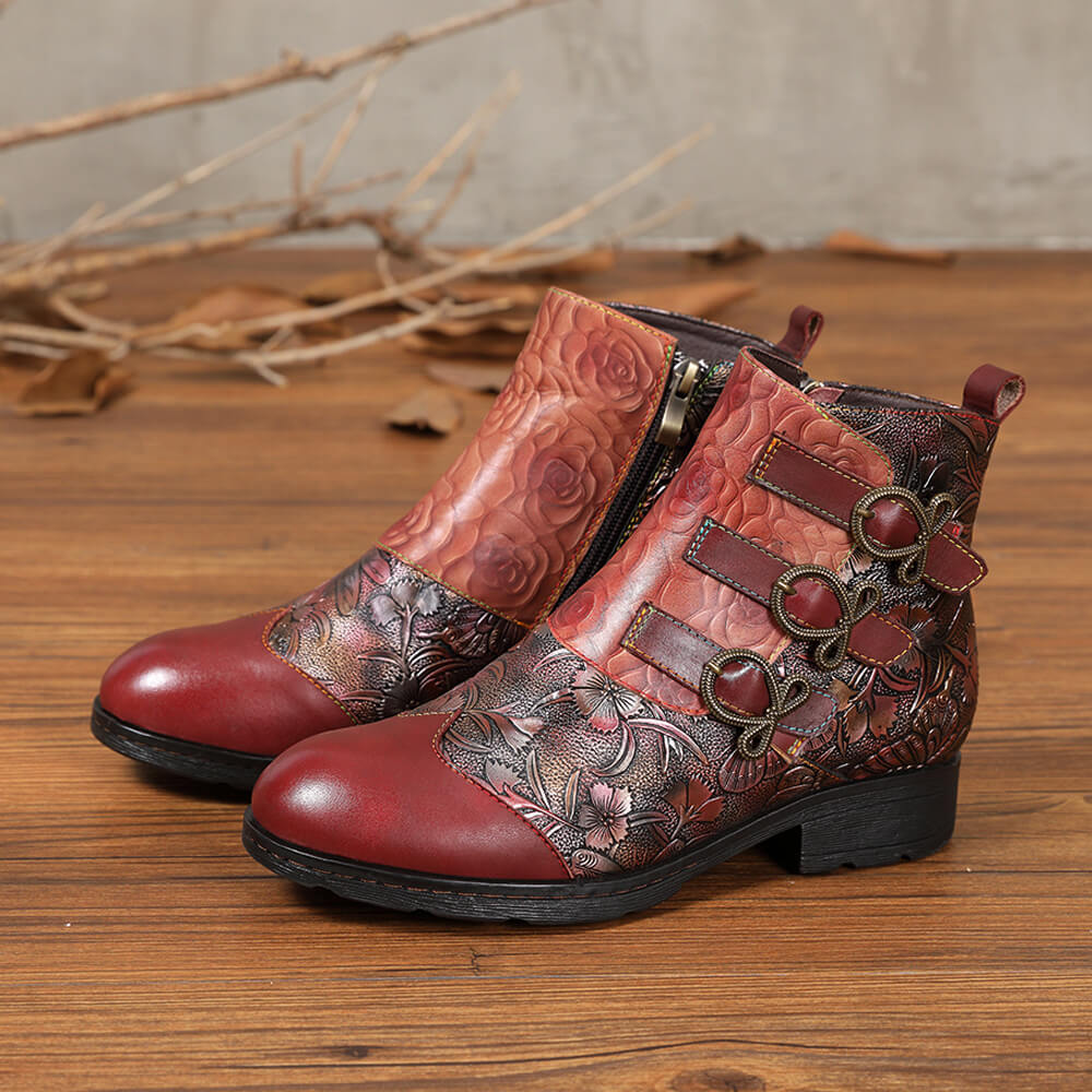 Retro Handmade Leather Painted Floral Flats Boots