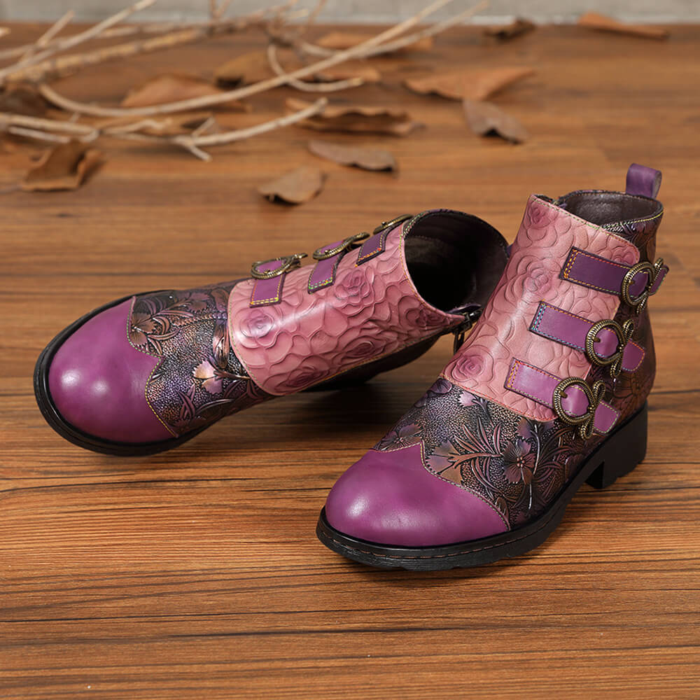 Retro Handmade Leather Painted Floral Flats Boots