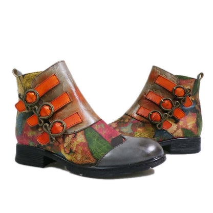 Retro Handmade Leather Painted Floral Flats Boots