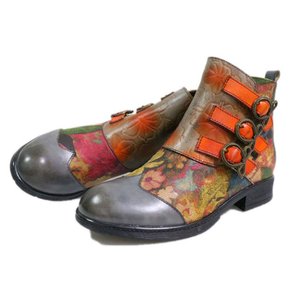Retro Handmade Leather Painted Floral Flats Boots