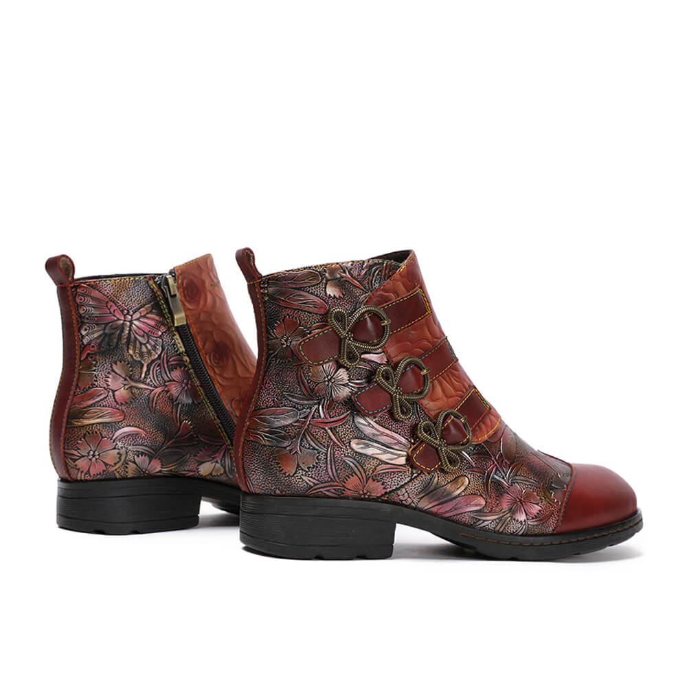 Retro Handmade Leather Painted Floral Flats Boots