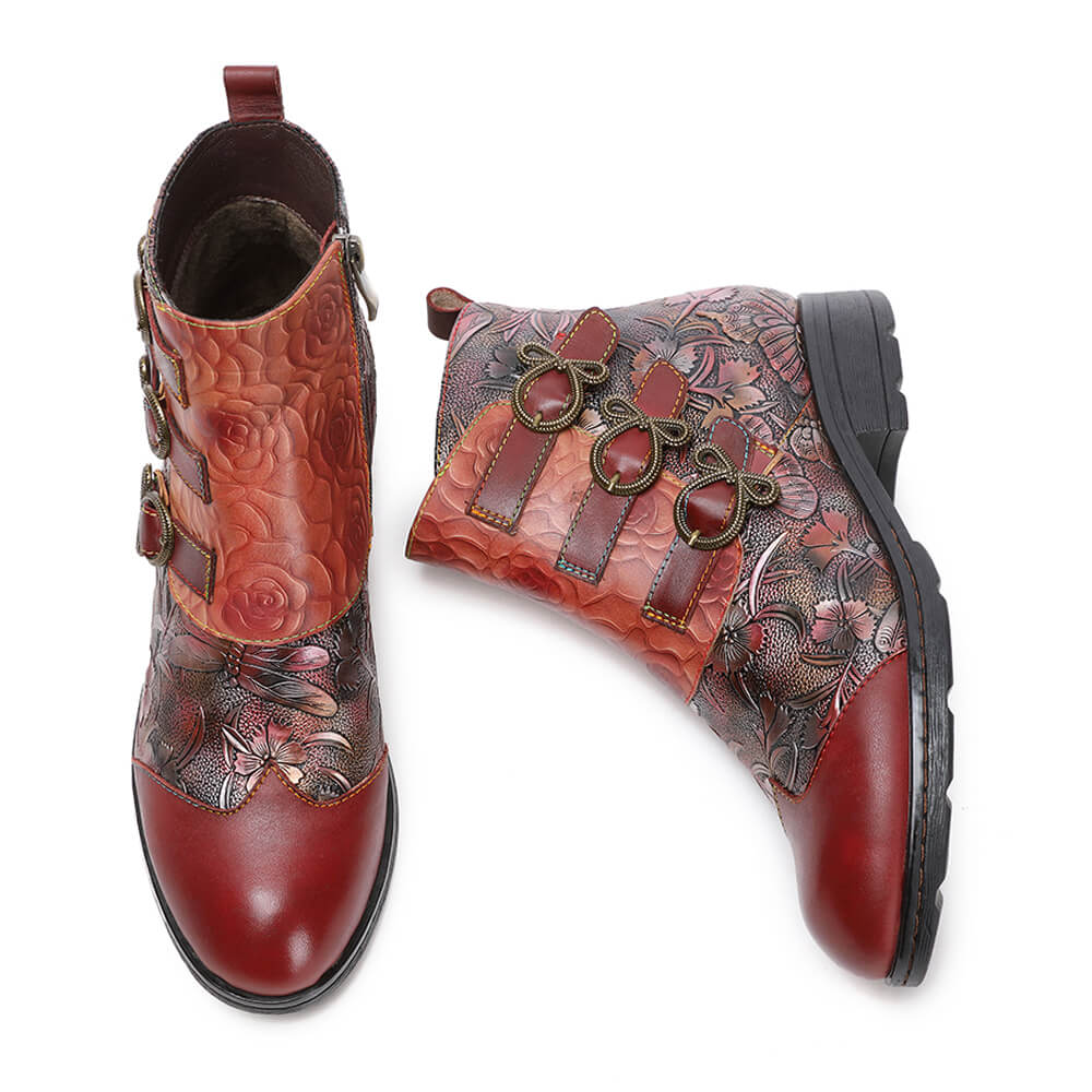 Retro Handmade Leather Painted Floral Flats Boots