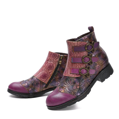 Retro Handmade Leather Painted Floral Flats Boots