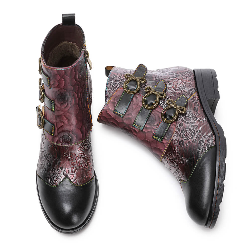 Retro Handmade Leather Painted Floral Flats Boots