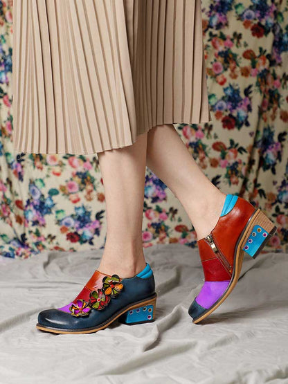 Retro Flowers Splicing Genuine Leather Flat Shoes