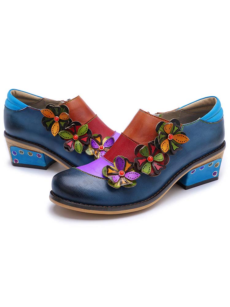 Retro Flowers Splicing Genuine Leather Flat Shoes