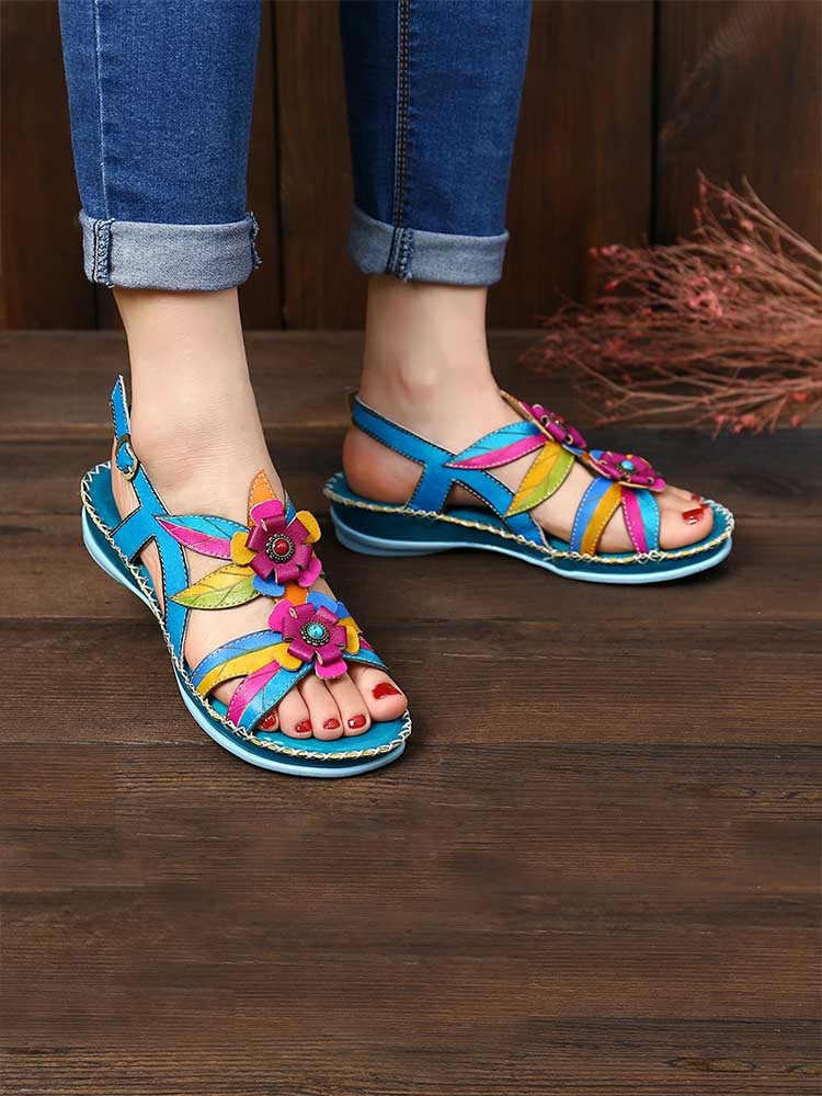 Vintage Embossing Flowers Leather Stitching Sandals