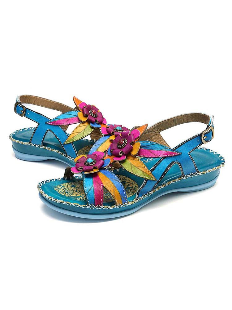 Vintage Embossing Flowers Leather Stitching Sandals
