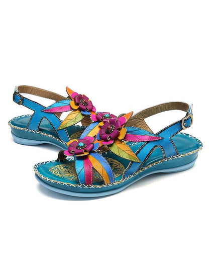 Vintage Embossing Flowers Leather Stitching Sandals