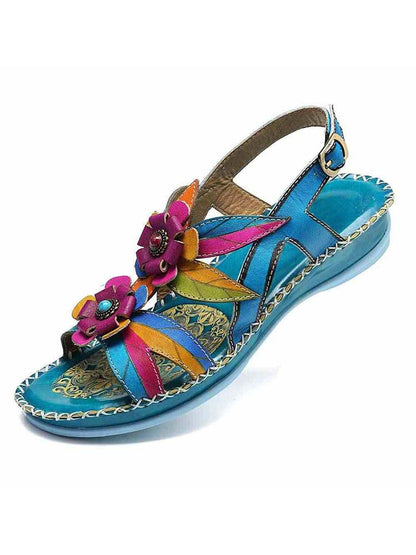 Vintage Embossing Flowers Leather Stitching Sandals