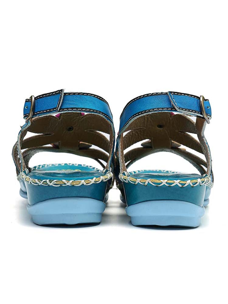 Vintage Embossing Flowers Leather Stitching Sandals