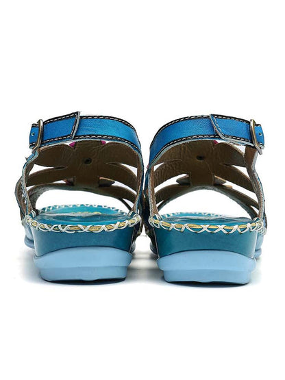 Vintage Embossing Flowers Leather Stitching Sandals