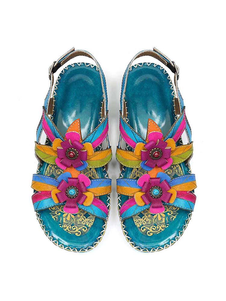 Vintage Embossing Flowers Leather Stitching Sandals