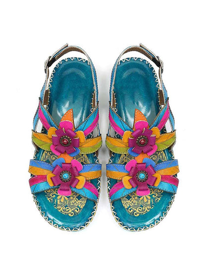 Vintage Embossing Flowers Leather Stitching Sandals
