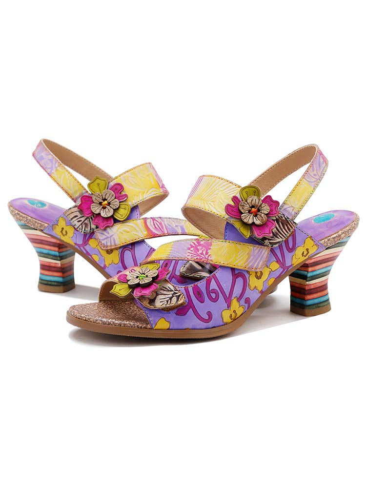 Handmade Leather Colored Stripe Heel Comfy Sandals