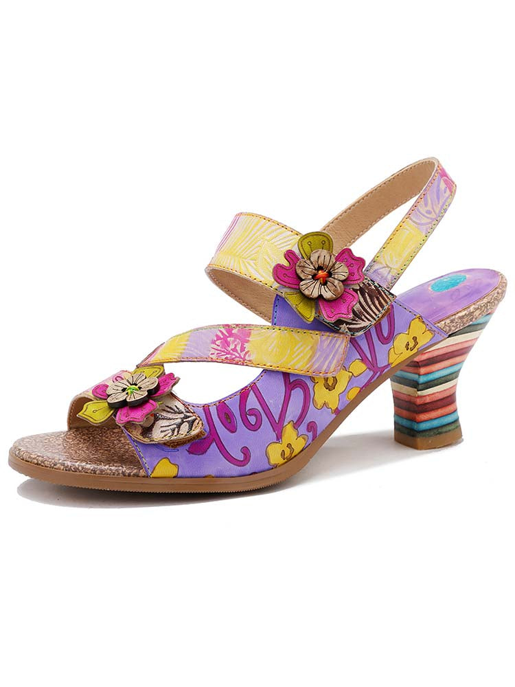 Handmade Leather Colored Stripe Heel Comfy Sandals