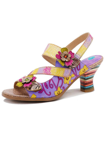 Handmade Leather Colored Stripe Heel Comfy Sandals