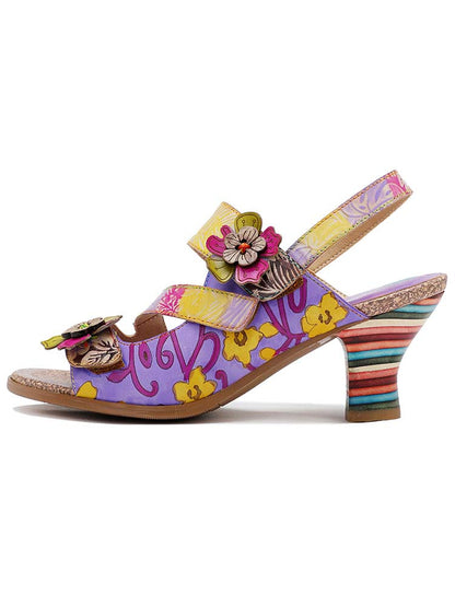 Handmade Leather Colored Stripe Heel Comfy Sandals