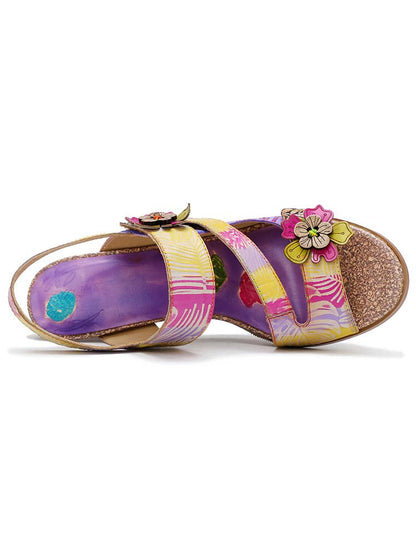 Handmade Leather Colored Stripe Heel Comfy Sandals