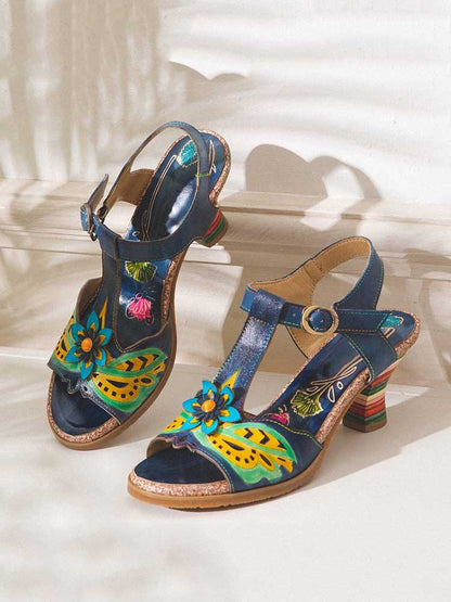 Retro Handmade Colored Stripe Heel Comfy Sandals