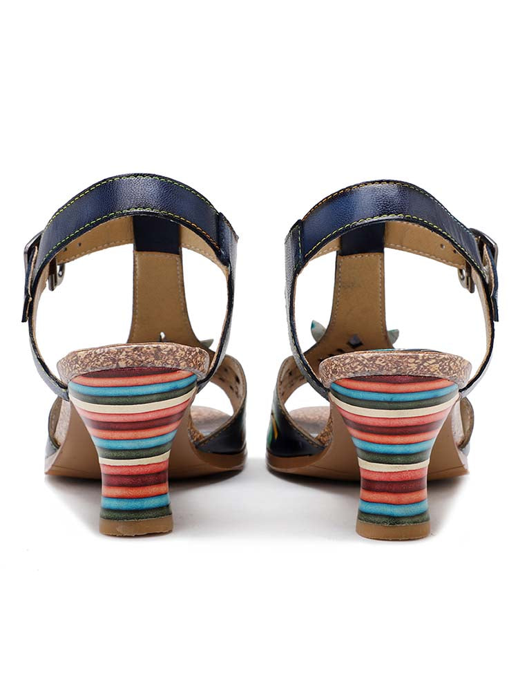 Retro Handmade Colored Stripe Heel Comfy Sandals