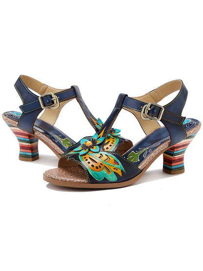 Retro Handmade Colored Stripe Heel Comfy Sandals