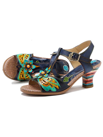 Retro Handmade Colored Stripe Heel Comfy Sandals