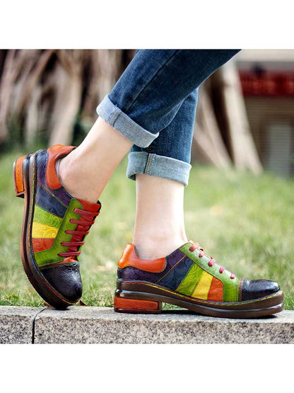 Casual Lace Up Loafers Shoes Women's Leather Comfy Flats