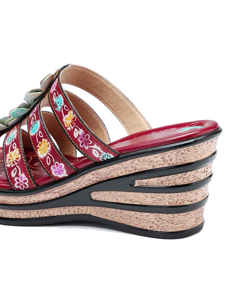 Triple Flowers Purle Wedge Slippers