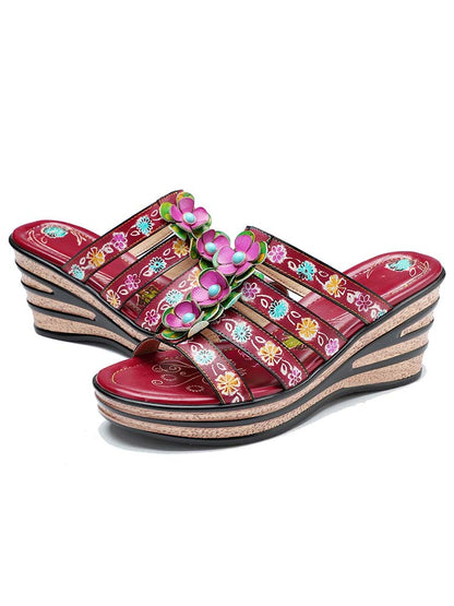 Triple Flowers Purle Wedge Slippers