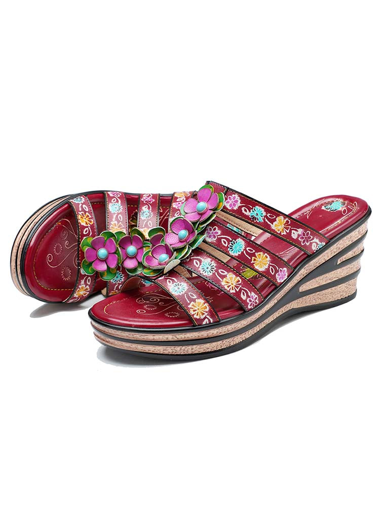 Triple Flowers Purle Wedge Slippers